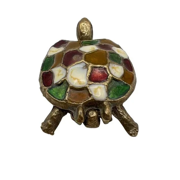 Vintage Brass Turtle Trinket Box Colorful Enamel Mosaic Shell Cottagecore Boho - Picture 10 of 12